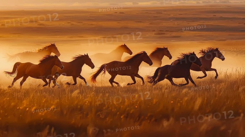 Horses galloping through a grassy field at sunset with a warm golden atmosphere and dust in the air, AI generated