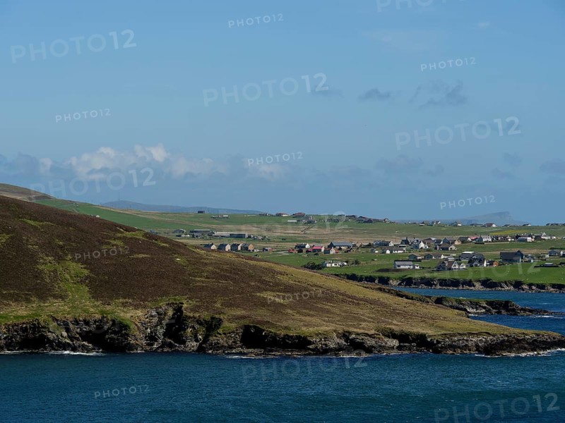View of a coastal landscape with houses and green hills looking out to sea, green meadows on a deep blue sea and a rocky coastline with individual houses, lerwick, shetland, Scotland, United Kingdom, Europe
