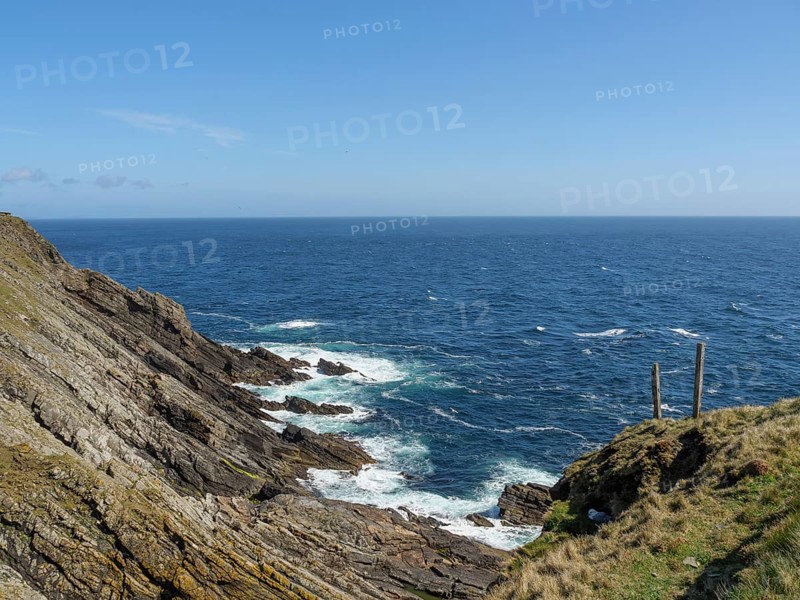 View of a rocky coastline with green grass and blue sea under a clear sky, green meadows on a deep blue sea and a rocky coastline with individual houses, lerwick, shetland, Scotland, United Kingdom, Europe