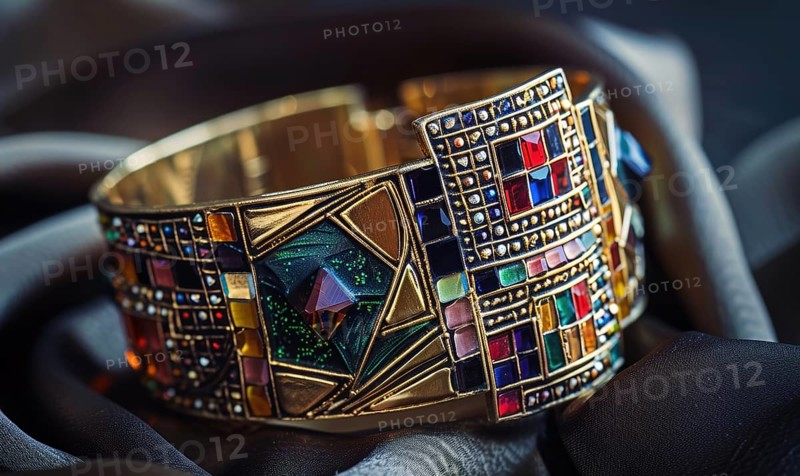 A bold statement cuff bracelet featuring geometric patterns and semi-precious stones AI generated