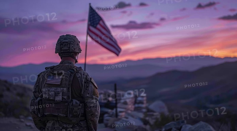American patriot soldier stand in front of the flag. Concept of fighting for freedom and democracy, AI generated