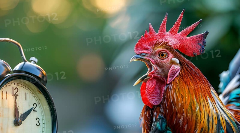 A rooster is standing in front of a clock with its beak open. Concept of a loud alarm clock, AI generated