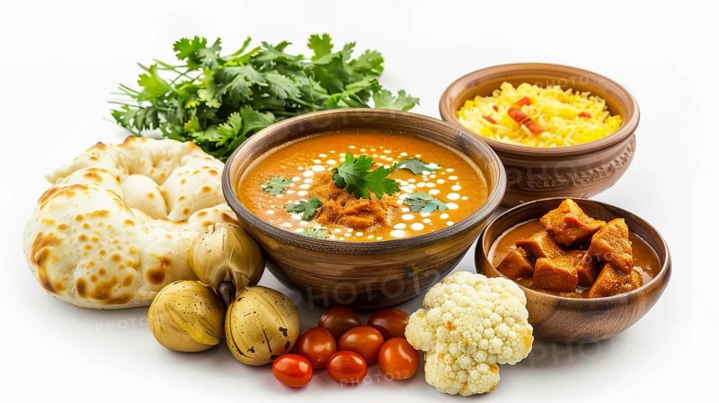 An arrangement of Indian food including naan, curry, and rice pilaf, AI generated