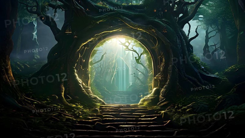 AI generated enchanted forest illustration intertwining trees aglow with magical light