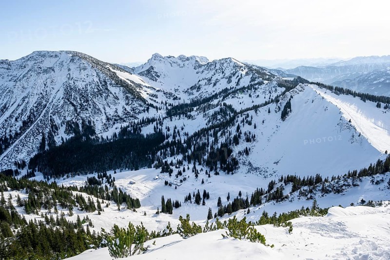 View from the summit of the Aiplspitz in winter, snow-covered mountain landscape with the Rotwand and Hochmiesing peaks, ski tour to the Aiplspitz, Mangfall mountains, Bavarian Prealps, Bavaria, Tyrol