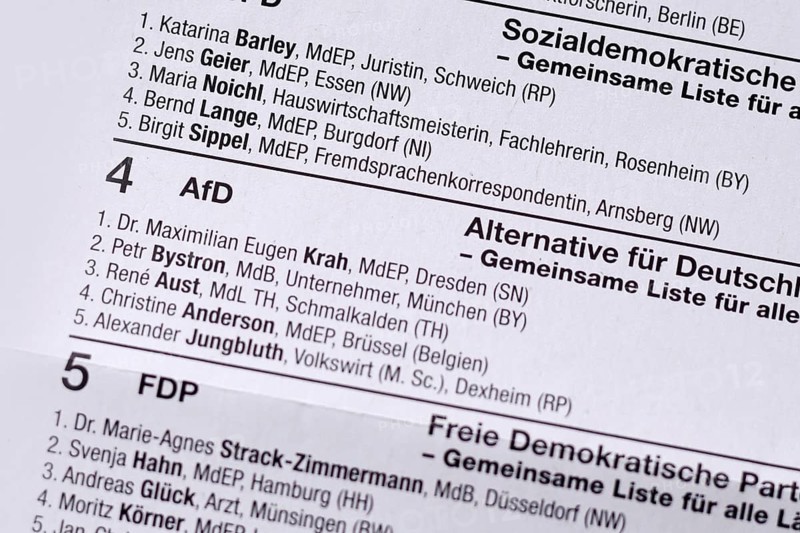 Germany, May 2024: German ballot paper for Elections to the European Parliament with close up of 'AfD' party, Europe