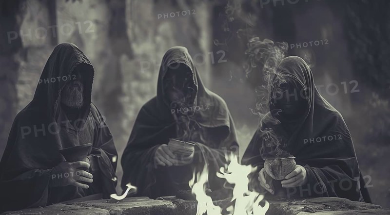 Members of a cult sect. Three hooded evil figures sit around a fire in a ritual, AI generated