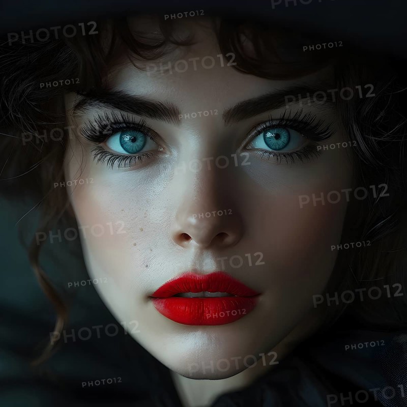 Close up fashion portrait with blue eyes and red lips, AI generated