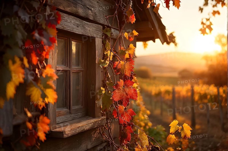 Close up of a rustic vineyard cottage nestled in a canopy of vines leaves showcasing autumns color palette in the golden hour, AI generated