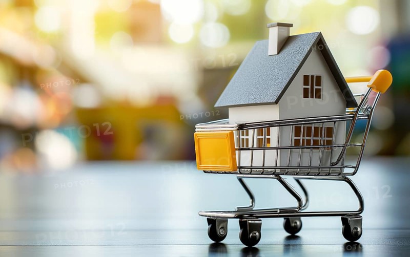Real estate shopping concept, a house is a shopping cart on blurred bokeh background, AI generated
