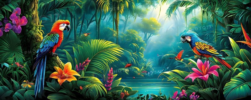 AI generated illustration of an enchanted fairy tale jungle inhabited by magical fantasy animals in vibrant colors