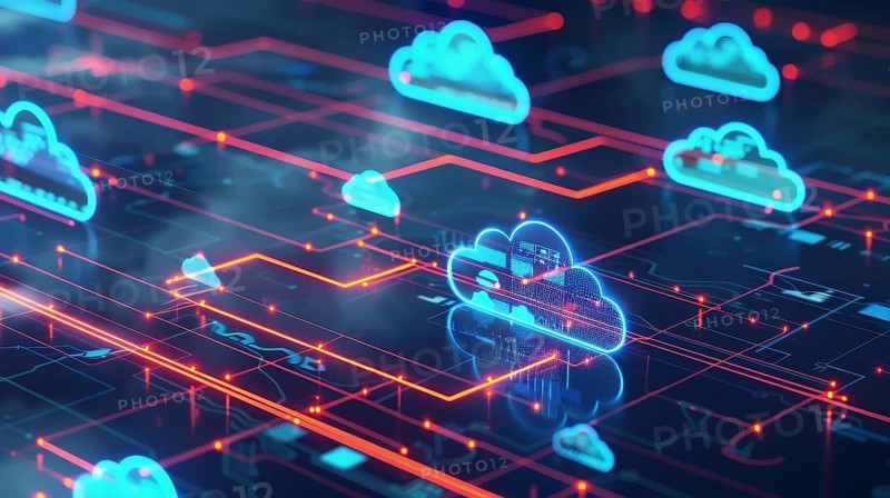 Intricate network design featuring cloud computing with glowing neon connections, AI generated