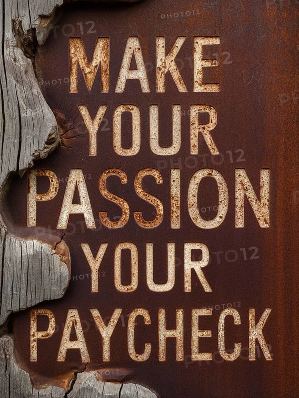 A motivational quote 'Make your passion your paycheck' on a rustic wooden background, ai generated, AI generated