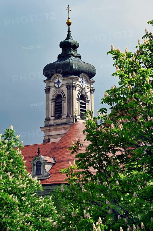 A church tower of the Basilica of St Alexander and St Theodor, Ottobeuren Monastery, Allgaeu, Swabia, Bavaria, Germany, Europe