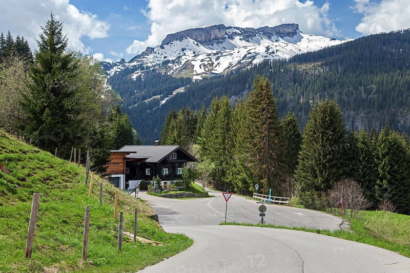 View of Hoher Ifen, in front of the Fuchsfarm holiday flats, Hirschegg, Kleinwalsertal, Vorarlberg, Austria, Europe