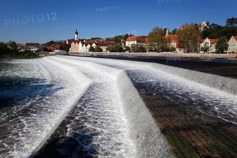 Historic old town centre of Landsberg am Lech, in front of the Lech weir, Upper Bavaria, Bavaria, Germany, Europe