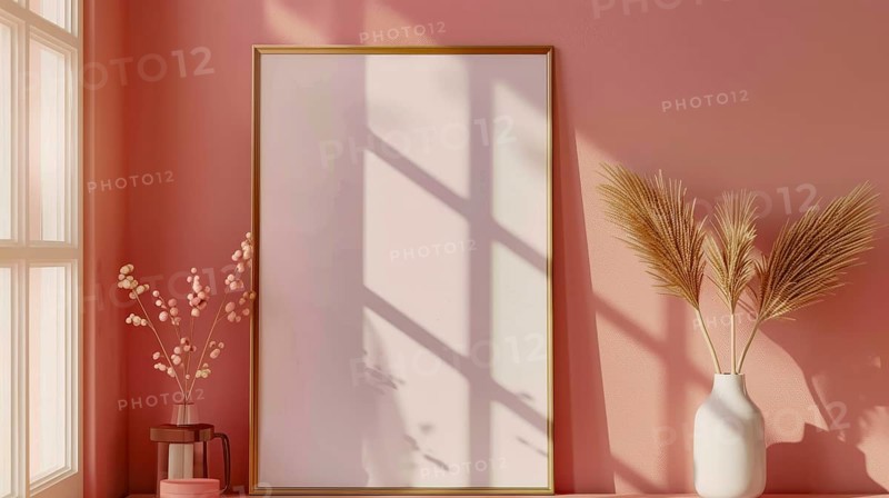 Empty frame on a surface with vases and plants against a pink wall and window light, AI generated
