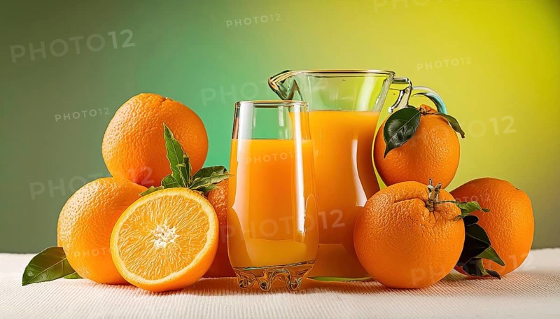 Fresh orange juice in a glass and a jug next to oranges and green leaves, AI generated, AI generated
