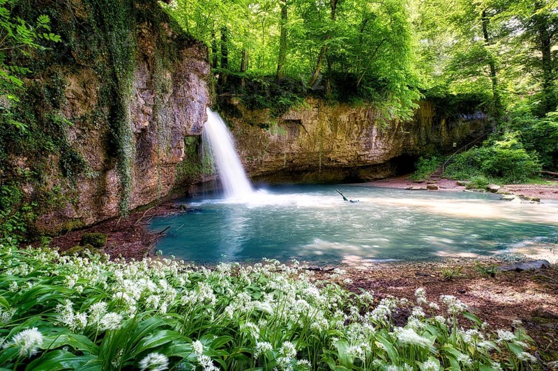Waterfall in the forest with a small pond, wild garlic in bloom, Canton Basel-Landschaft, Switzerland, Europe
