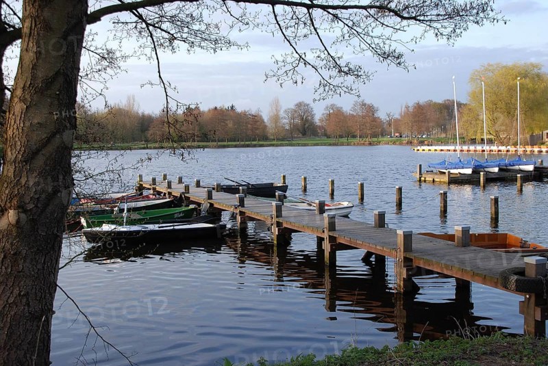 Various boats are moored at a wooden jetty on a spring lake, surrounded by trees and sky, rowing boats and pedal boats at a small wooden jetty in the lake surrounded by trees, Borken Germany