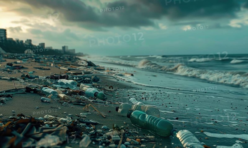 Beach littered with plastic bottles and garbage, ecological problems AI generated