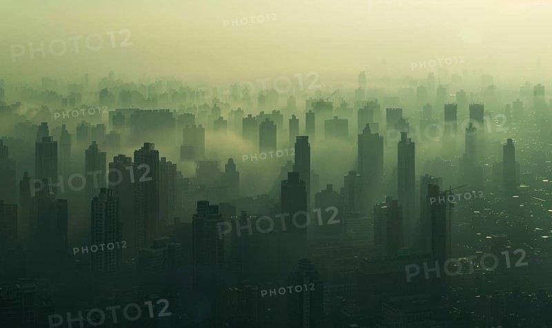 Urban landscape shrouded in smog with tall buildings barely visible AI generated