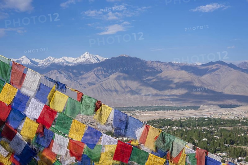 Panorama from Tsenmo hill over Leh and the Indus valley to Stok Kangri, 6153m, Ladakh, Jammu and Kashmir, India, Asia