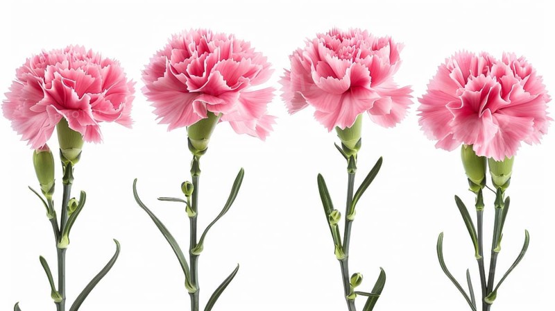 Four pink carnation flowers with green stems elegantly arranged against a white background, AI generated