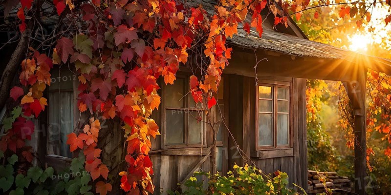 Close up of a rustic vineyard cottage nestled in a canopy of vines leaves showcasing autumns color palette in the golden hour, AI generated