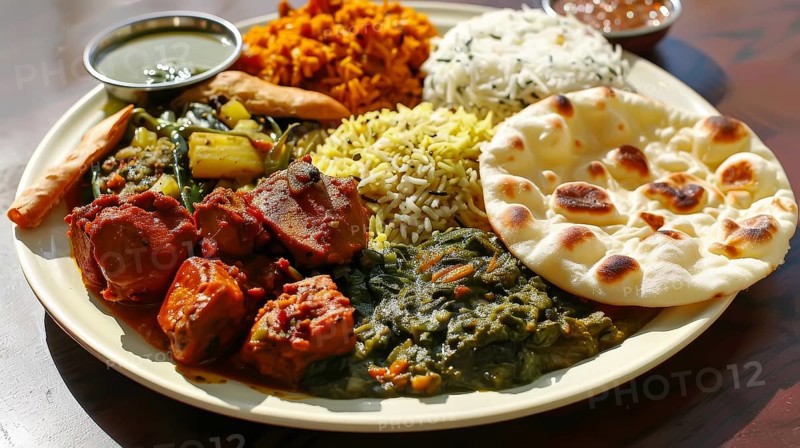 A traditional Indian meal with a variety of spices and flavors, served with rice and naan, AI generated