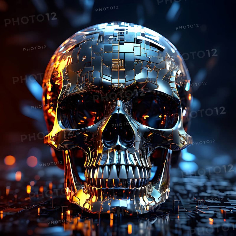 Broken skull with a cascade of binary digits forming a tidal wave stream, AI generated
