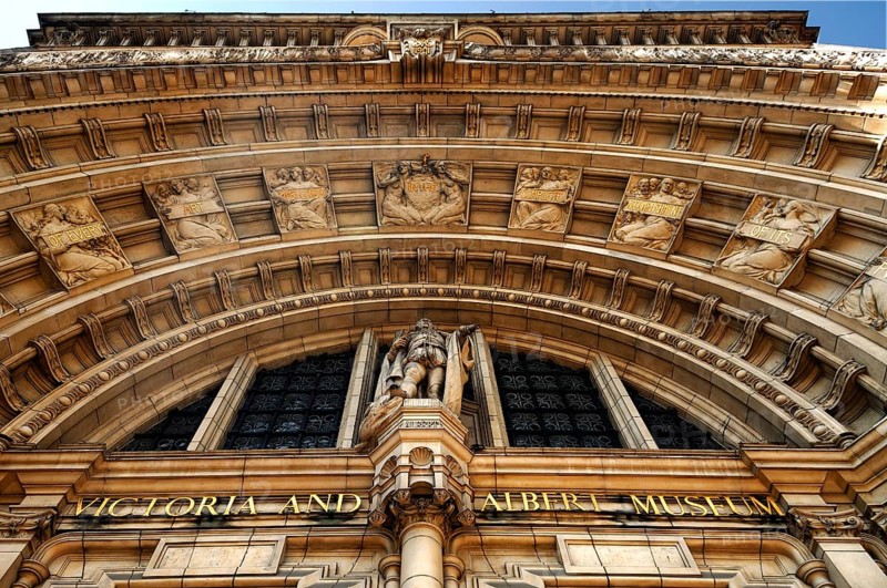 Decorative entrance portal seen from below from the Victoria & Albert Museum, 1-5 Exhibition Rd, London, England, Great Britain