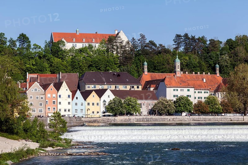 Historic old town centre of Landsberg am Lech, in front of the Lech weir, Upper Bavaria, Bavaria, Germany, Europe
