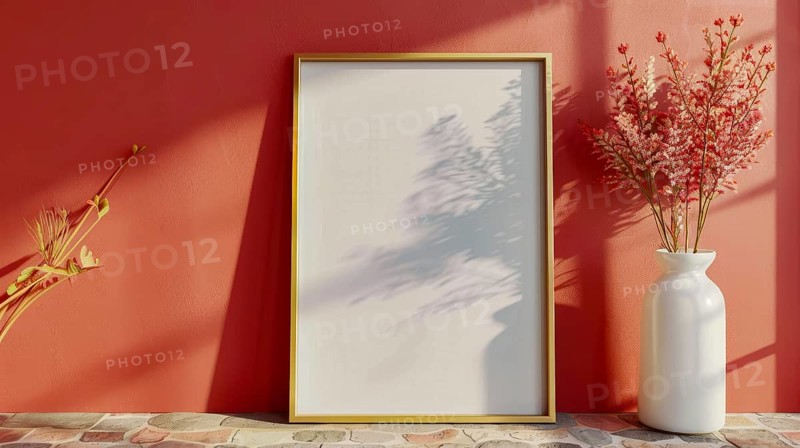 Frame against a red wall with a vase of flowers beside it and sunlight casting shadows, AI generated