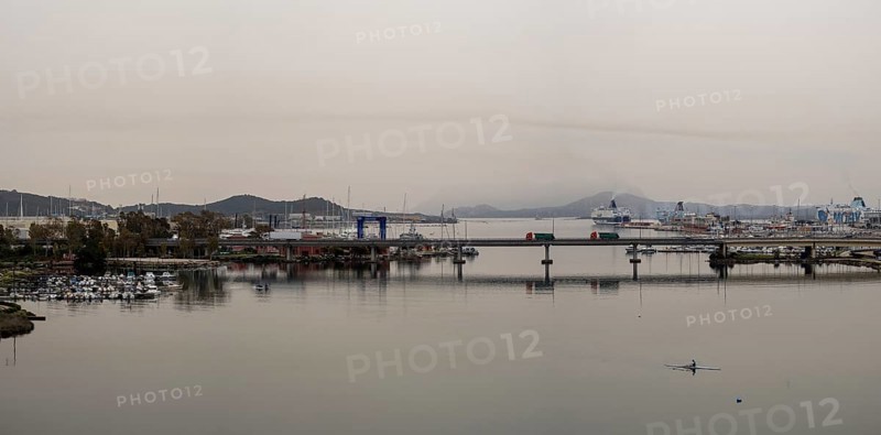 Sahara dust, harbour of Olbia, panoramic view, Olbia, Sardinia, Italy, Europe
