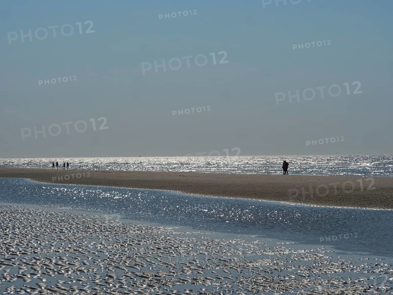 People walking along the beach with reflecting watercourse, glittering sea water at low tide on the beach, de haan, belgium