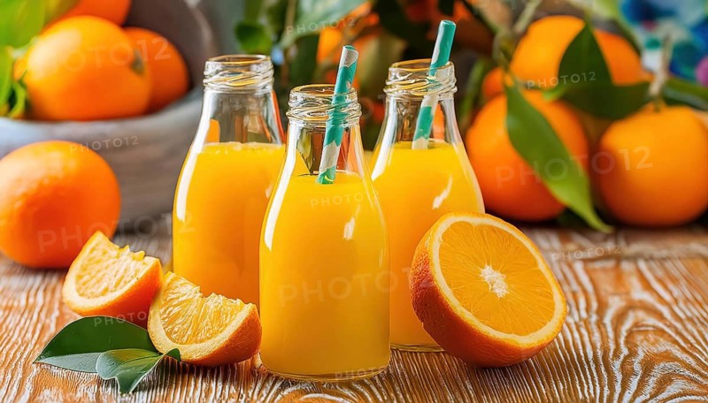 Three small bottles of orange juice with tubes, sliced oranges against a light background, AI generated, AI generated