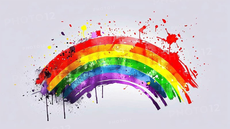 LGBT rainbow with splatters of paint on it. The rainbow is colorful and vibrant, AI generated