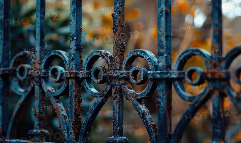 A rusted wrought iron gates in hues of deep charcoal and slate gray AI generated