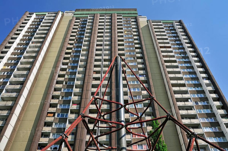 Residential tower block KoelnBerg, a social hotspot in the Meschenich district of Cologne, North Rhine-Westphalia, Germany, Europe