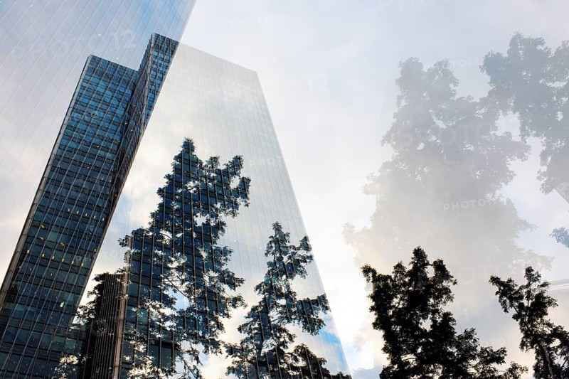 Double exposed image of skyscrapers and trees, Canary Wharf, London, England, Great Britain