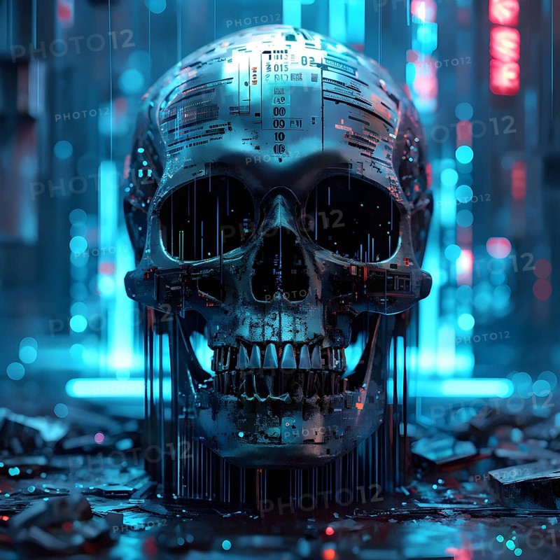 Broken skull with a cascade of binary digits forming a tidal wave stream, AI generated