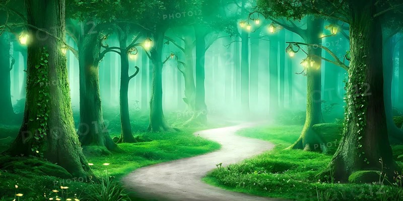 AI generated enchanted forest illustration intertwining trees aglow with magical light