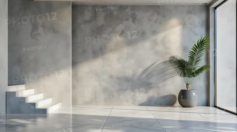 Modern space featuring a sleek staircase and a tasteful potted plant. AI generated