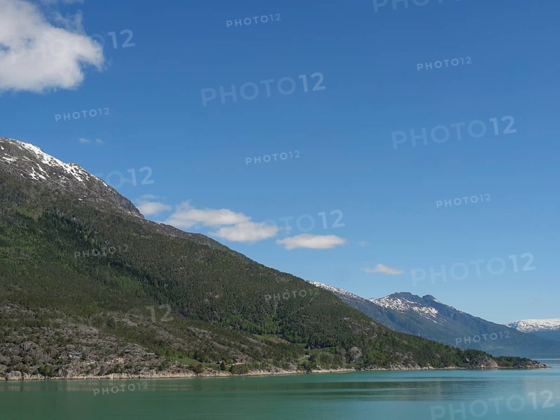 Landscape shot of a lake and forested mountains under a clear blue sky, greenish shimmering water in a fjord with snow-capped mountains and green trees, eidfjord, Norway, Europe