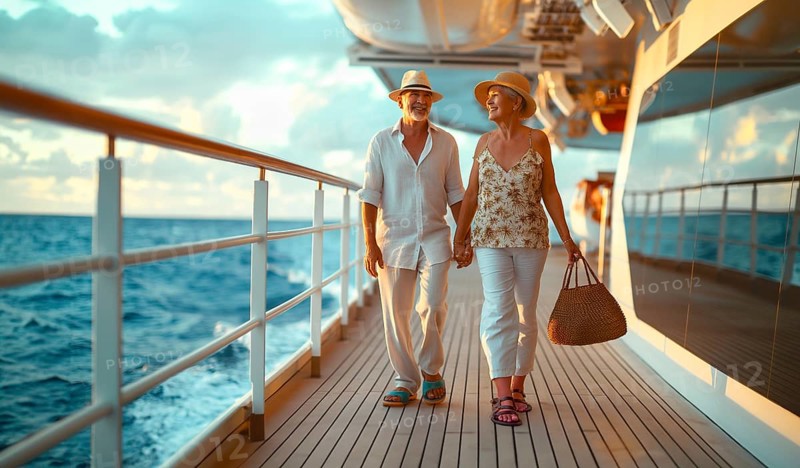 Happy senior couple taking a relaxing stroll on the deck of their luxury cruise ship. generative AI, AI generated