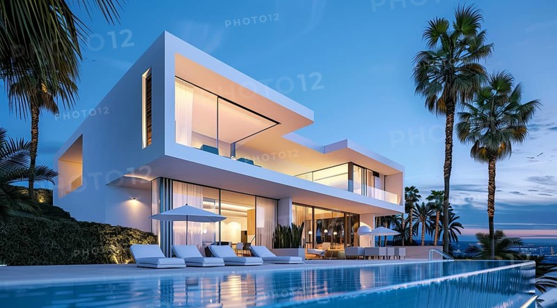 Exterior of private house luxury villa. Modern architecture real estate with swimming pool, AI generated