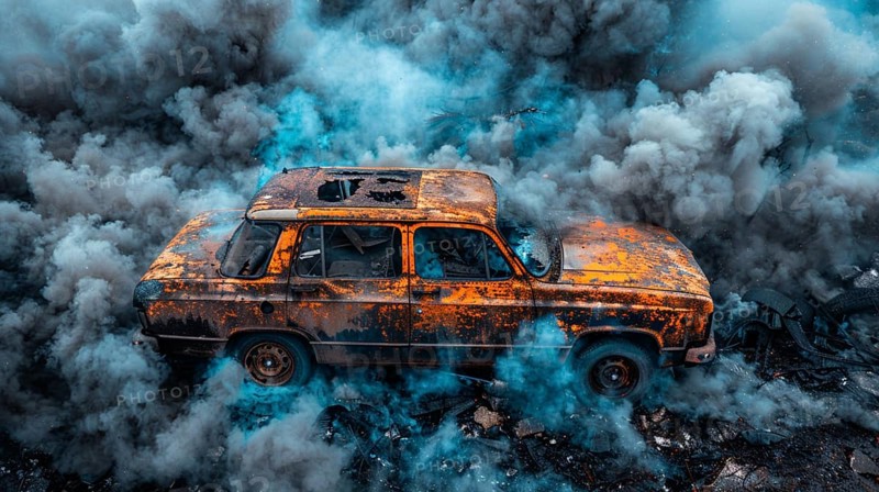 Burned-out car in smoldering remains amidst eerie blue smoke, AI generated