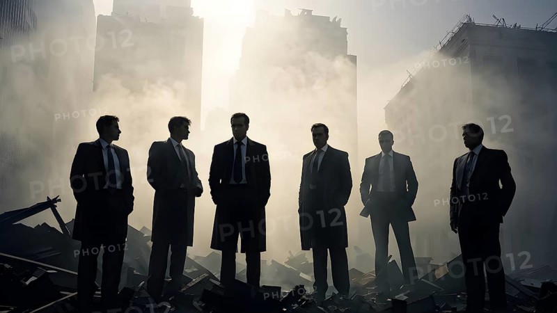 Silhouette of a group of businessman against a backdrop double exposure that reveals a destroyed cityscape, AI generated