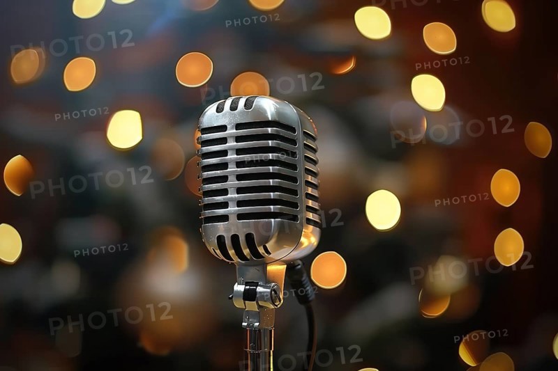 Microphone on a microphone stand with a blurry coloful background, AI generated